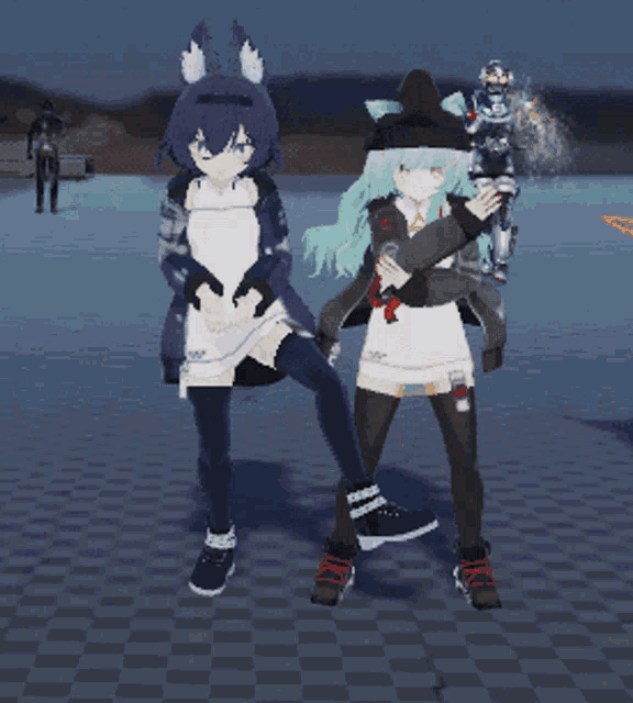 two anime characters are standing next to each other with one wearing a black hat