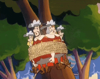 a group of men are tied to a tree trunk in a cartoon