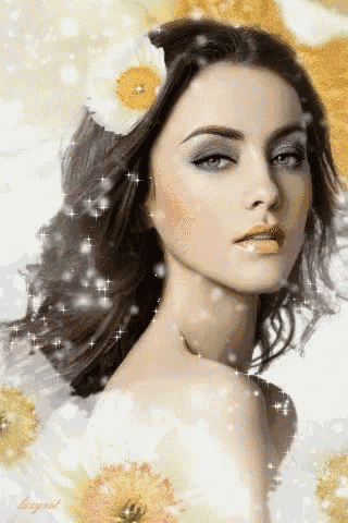 a woman with a flower in her hair is surrounded by flowers and snow .