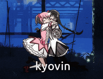 a cartoon of two girls hugging with the word kyovin written below them
