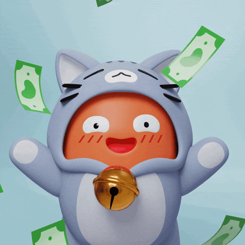 a cartoon cat with a bell in its mouth is surrounded by green money