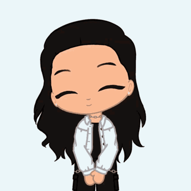 a cartoon girl with long black hair and a white jacket