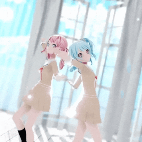 two anime girls are standing next to each other in a room