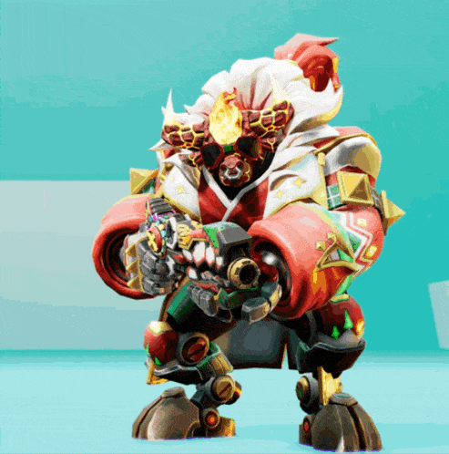 a colorful robot with a gun and a flame on his head