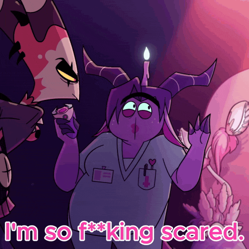 a cartoon character with horns says i 'm so f * * king scared