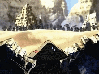 a cartoon character wearing a hat and holding a gun is standing in front of a mountain .