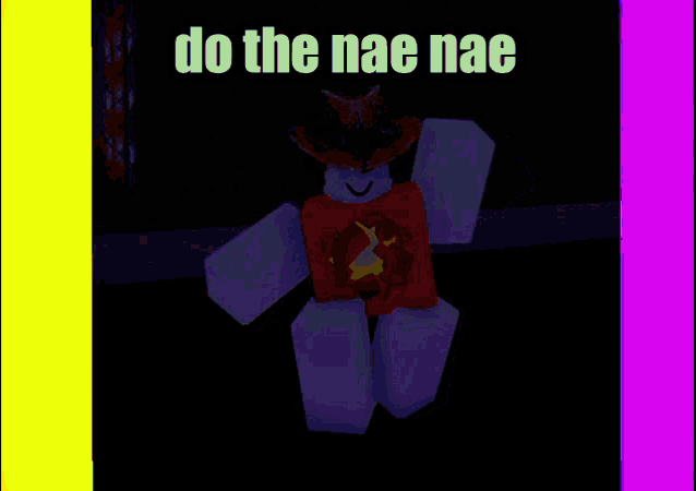 a roblox character wearing a cowboy hat and a red shirt with a lightning bolt on it says do the nae nae