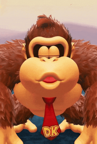 a cartoon monkey with a red tie and the word dk on his neck
