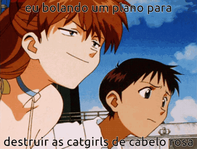 a cartoon of a boy and a girl with the words eu bolando um plano para destruir as catgirls de cabelo rosa below them