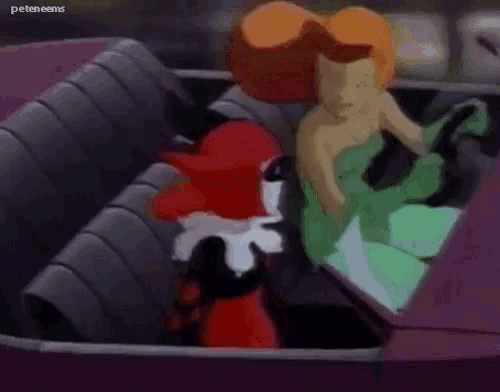 a couple of cartoon characters are sitting in a car .