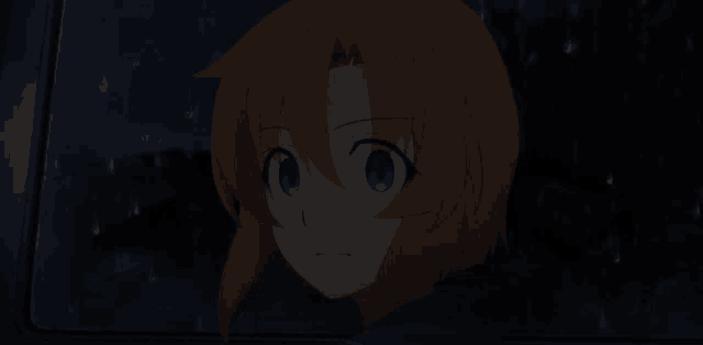 a girl with red hair and blue eyes looks out a window