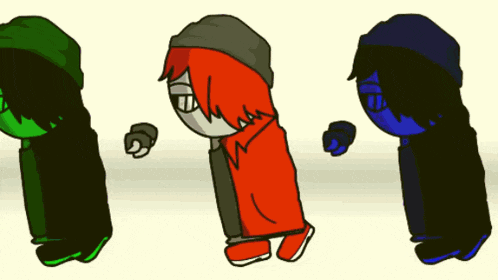 three cartoon characters are standing next to each other and one of them is wearing a red hoodie