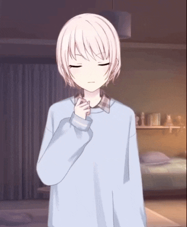 a girl with short white hair is standing in a room with her eyes closed