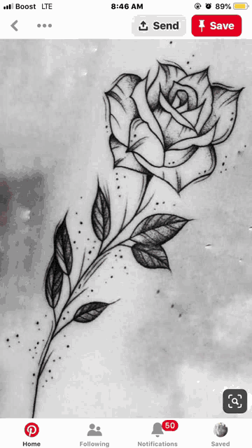a black and white drawing of a rose with leaves on a stem