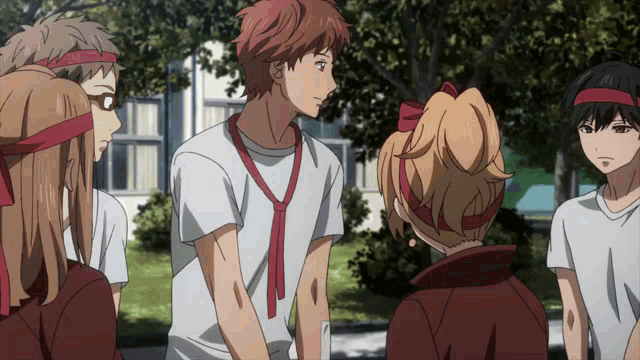 a group of anime characters are standing in a circle wearing red headbands