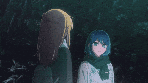 two anime girls are standing next to each other and looking up at the sky