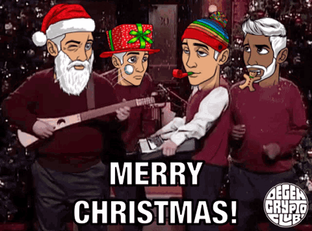 a group of men singing and playing instruments with the words merry christmas below them