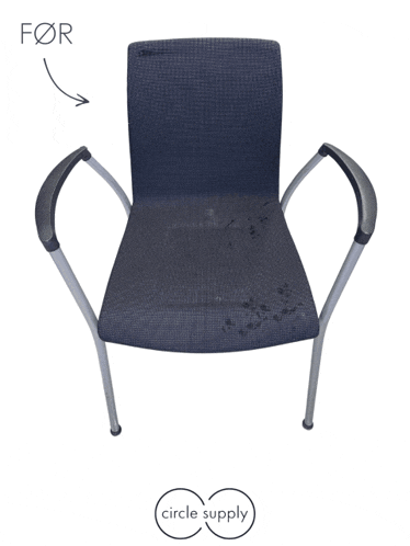 a before and after picture of a chair with circle supply in the corner