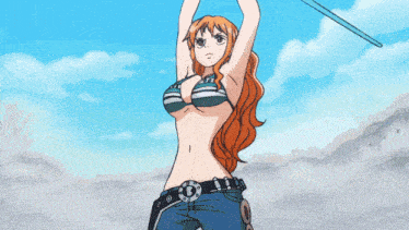 a drawing of a girl with orange hair and a blue sky in the background