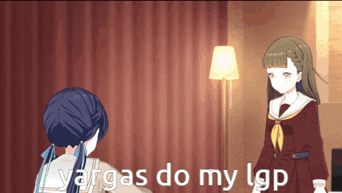 two anime girls are standing next to each other with the words " vargas do my lgp " in the corner