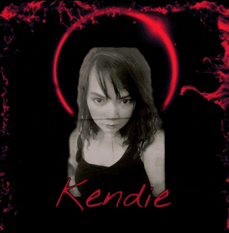 a black and white photo of a woman with the name kendie written on the bottom