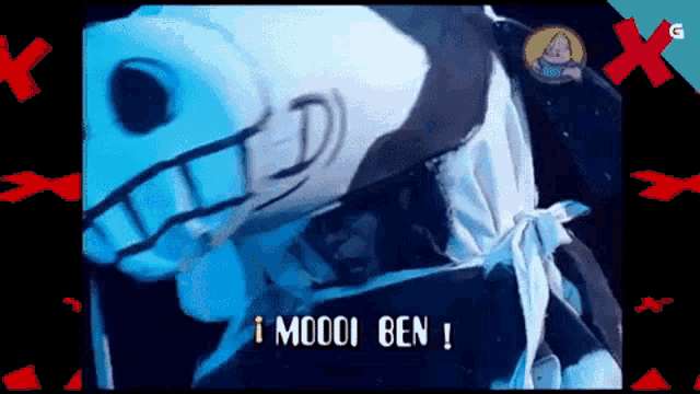 a cartoon of a skeleton with the words i moodi ben written in yellow