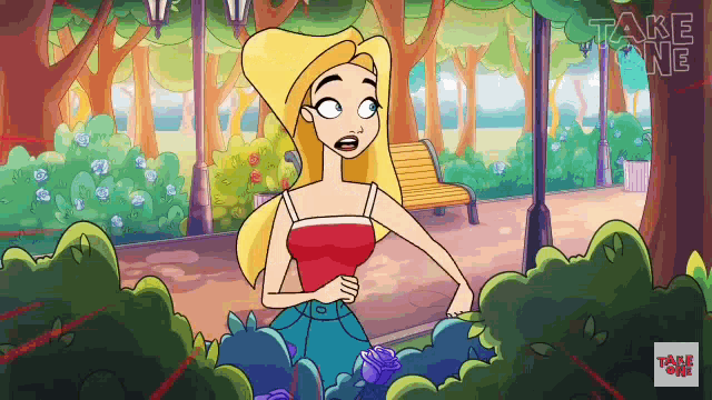 a cartoon of a girl in a park with the words take me on the bottom right