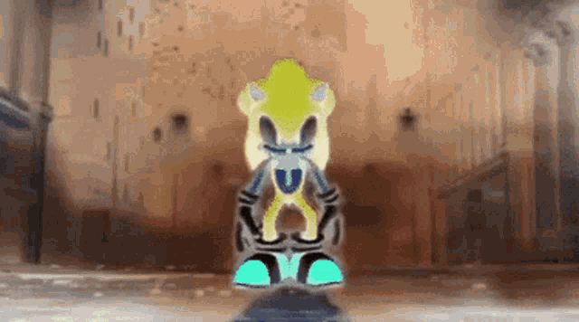 a cartoon character is standing in front of a wall with a u on it 's chest .