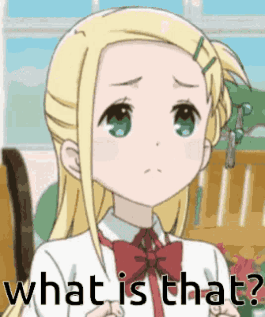 a girl with blonde hair and a red bow tie is asking what is that ?