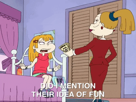 a cartoon of a woman giving money to another woman with the words did mention their idea of fun underneath