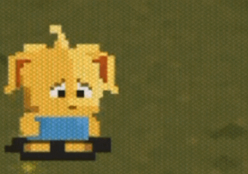 a pixel art drawing of a yellow dog with a blue shirt on