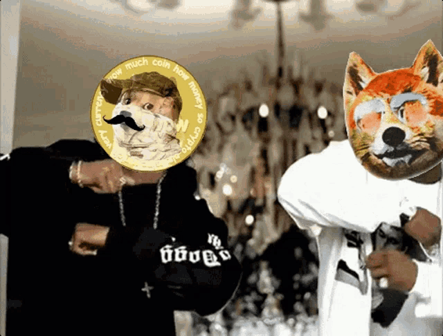 a man with a doge coin on his head