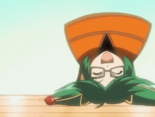 a cartoon character with green hair and glasses is laying down on the floor