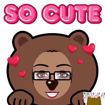 a cartoon of a bear with glasses and hearts on its face says so cute