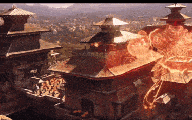 a group of people standing on the roof of a building with a fire coming out of it
