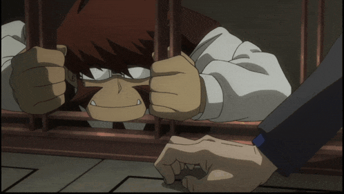 a cartoon of a man behind bars with a hand reaching out