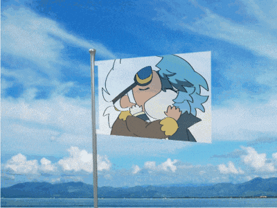 a flag with a picture of a cartoon character on it against a blue sky