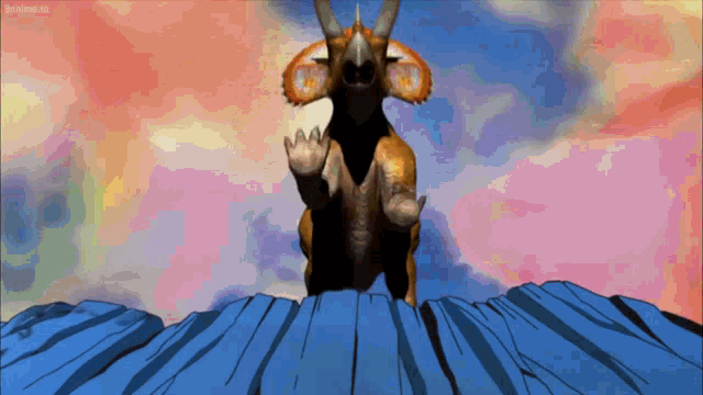 a cartoon drawing of a dinosaur standing on top of a blue rock