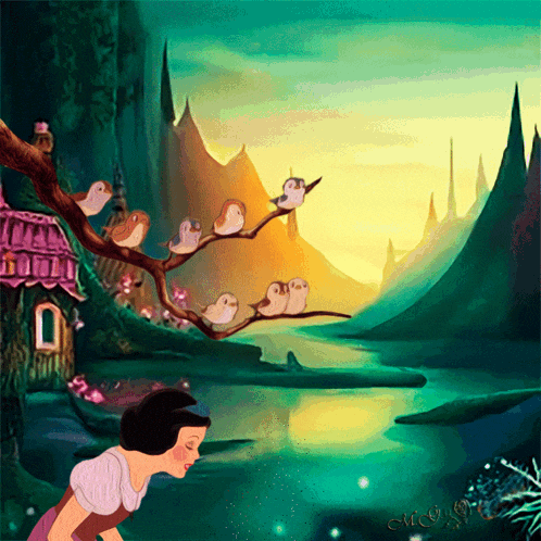 a painting of snow white and the seven dwarfs with birds on branches