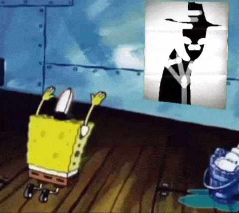 a cartoon of spongebob looking at a picture of a man in a hat