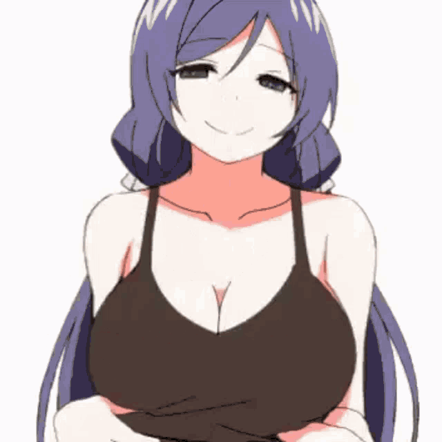 a cartoon girl with purple hair is holding her breasts up .