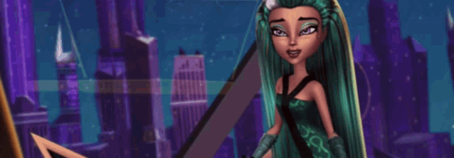 a monster high doll with green hair is standing in front of a city at night .