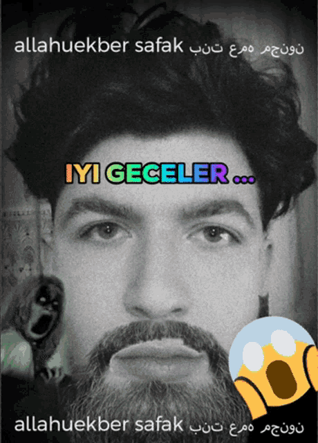 a black and white photo of a man with a beard and the words iyi geceler on it