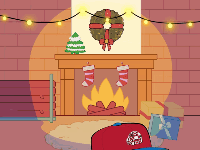 an illustration of a fireplace with a wreath and stockings
