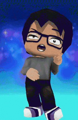 a cartoon character wearing glasses and a gray shirt is making a funny face