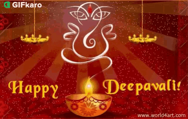 a happy deepavali greeting card with a candle and a ganesha on it .