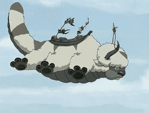 a group of people are flying on the back of a flying sheep .