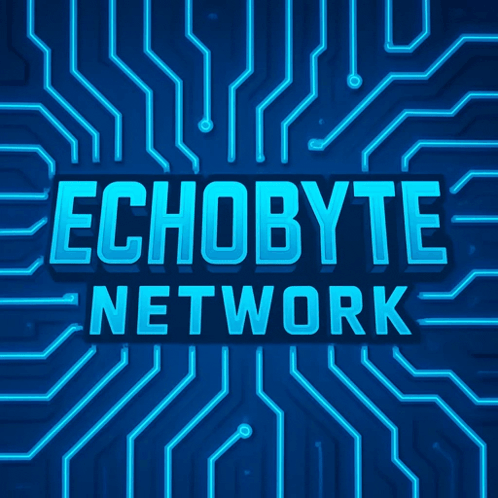 a logo for the echobyte network with a circuit board background