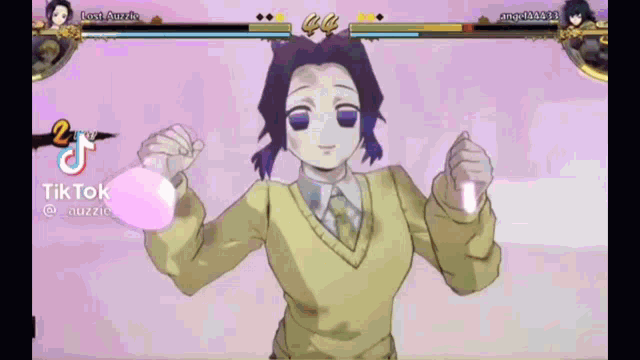 a girl in a yellow sweater is blowing a pink bubble gum in a video game .
