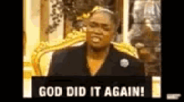 a woman is sitting in a chair with the words `` god did it again '' written above her .
